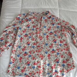 Elaine Rose Floral Split-Neck Blouse in White with Red & Blue Flowers